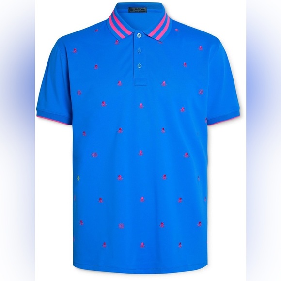 G/FORE Embroidered Piqué Golf Polo Shirt Blue Neon Pink Skull Striped Collar L - Picture 2 of 14